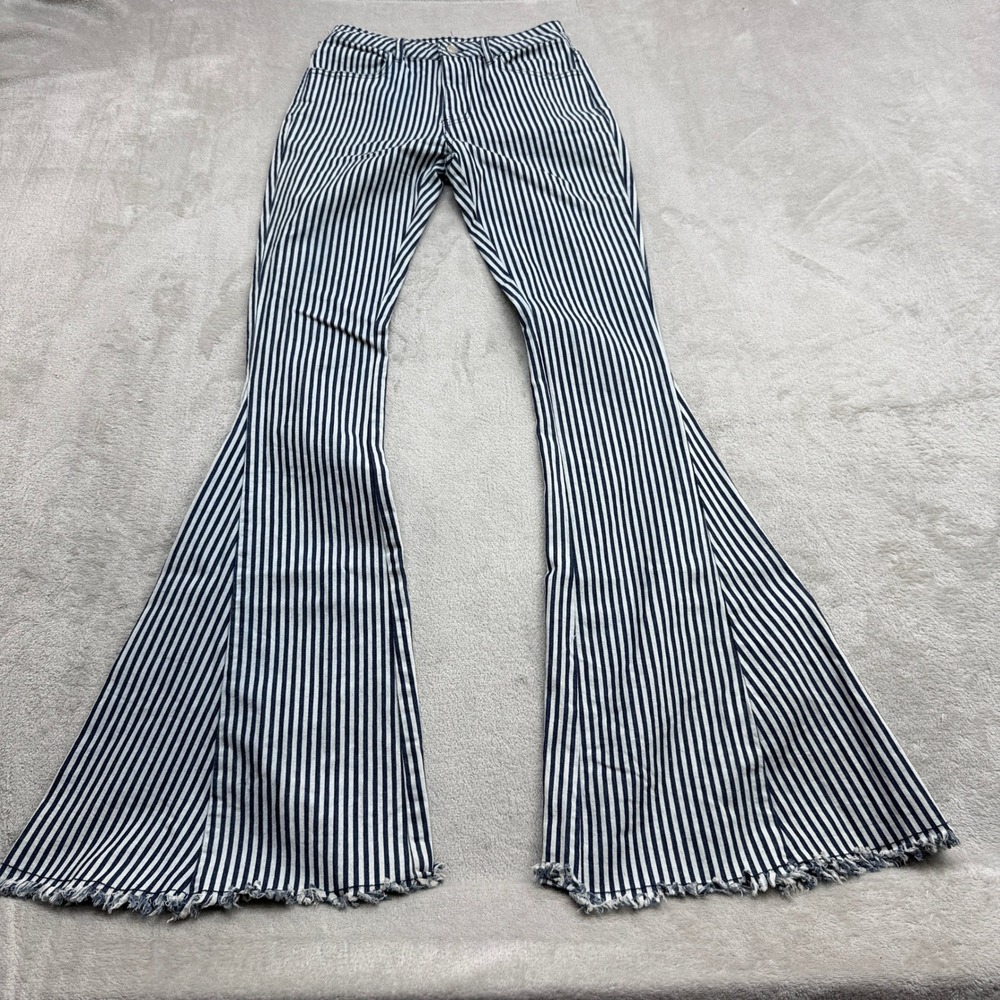 Saints & Hearts Bell Bottom Pants Womens S Navy White Striped Frayed Retro Boho